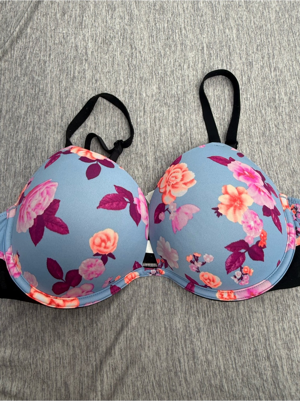 Victoria's Secret Light Blue Floral Push-Up Bra with Pink and Purple Accents